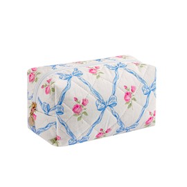 WHHJM Cute Floral Makeup Bag Small Cotton Quilted Cosmetic Bag, Aesthetic Essential Bag Toiletry Period Bag for Women Travel Accessories (Blue Bowknot Rose)
