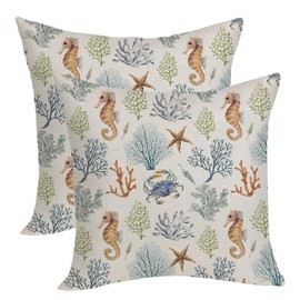 Summer Coastal Pillow Covers 18x18 Pack of 2 Ocean Themed Sea Horse Starfish Coral Throw Pillow Covers Outdoor Decoration,Holiday Decor Beach Nautical Decorative Cushion Case for Couch Sofa