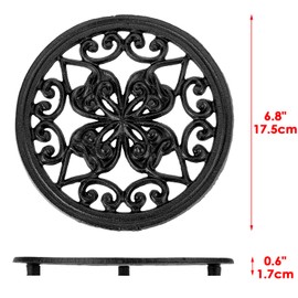 SUMTree 6.8" Heavy Duty Round Cast Iron Trivet, Decorative Heavy Duty Hot Pot Holder Mat, Vintage Flower Pattern Cast Iron Trivet with Rubber Pegs for Kitchen Dining Table