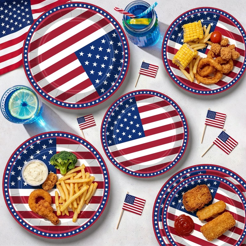 48PCS 4th of July Plates, Red White Blue Patriotic Paper