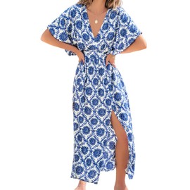 CUPSHE Women's Plunging V Neck Beach Dress Boho Half Dolman Sleeve Empired Waist Side Split Maxi Summer Dresses, Navy Blue S