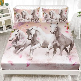 HOSIMA Horse Fitted Sheet,Pink Floral and Horse Bedding,Spring Petals and Running Horses Pattern,Soft Decorative Fabric Bedding All-Round Elastic Pocket,Light Pink Fitted Sheet Set Queen Size.