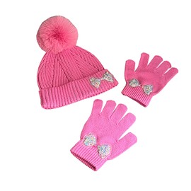 QKURT Girls Beanie Winter Hat and Mittens Set, Warm Accessories Set Toddler Knitted Cold Weather Set Kids Thermal Hat and Gloves Set