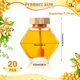 Sunnyray 8 Pcs Glass Honey Jars with Dipper Hexagonal Clear Glass Dispenser Small Honey Containers Bottle with Wooden Dipper and Cork Lid for Home Storage Kitchen (220 ml)