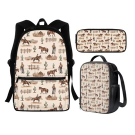 Guosanchn Western Cowboy Backpack Purse 3 PCS School Bookbag for Boys with Lunch Box Pemcil Case Horse Southwestern School Bag for Elementary College Students Daypack Rucksack