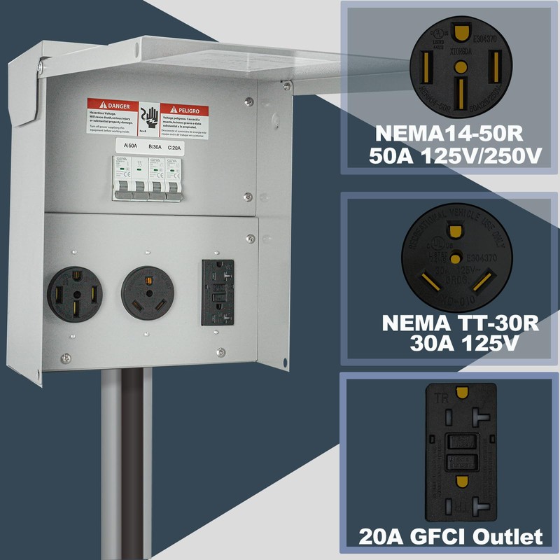 Temporary Electrical Power Outlet Panel Weatherproof RV Receptacle Box with