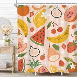 Imirell Fruit Summer Shower Curtain 60Wx72H Inches Strawberry Watermelon Tropical Kids Girls Cute Papaya Lemon Pitaya Cherry Cartoon Colorful Fabric Waterproof Polyester with 12 Pack Hooks Plastic