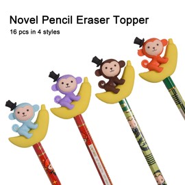 HILAZA 16Pcs Pencil Top Erasers for Kids, 3D Cute Monkey Pencil Toppers, Bulk Fun Pencil Cap Easters for School Classroom Supplies Prize Gifts Party Favors