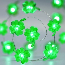 Green St Patricks Day String Lights Lucky Shamrock Clover Light, 10 ft 40 LED Irish Green Four-Leaf Waterproof Light for St Patricks Day Party Feast Bedroom Decor, 8 Modes, Remote and Timer Control