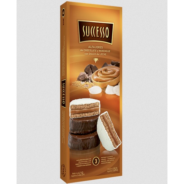 Successo Alfajores Mixed Milk Chocolate & Italian Meringue Merengue Alfajores Filled with Dulce de Leche - Trans Fat Free, 150 g / 5.28 oz (box of 3 alfajores)