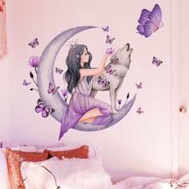 SRIZIAN Wandaufkleber für Mädchen, Motiv: Schmetterling, Mond, Wolf, Blume, Fee, bunte Schmetterlinge, Wanddekoration, Wandaufkleber für Mädchen, Schlafzimmer, Rosa, Kinderzimmer, Dekoration,