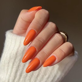 YOSOMK Bright Orange Acrylic Press on Nails Almond Medium Fake Nails Press Ons Full Cover Glue on False Nail Bright Surface Designs Artificial Stick on Nail for Women