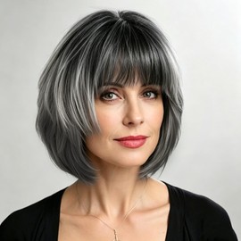 Women Short Grey Bob Wig with Bangs Synthetic Modern Cosplay Daily Hair Wig
