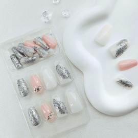 Coffin Press on Nails Short False Nails with Silver Glitter Designs Rhinestones Fake Nails White and Pink Full Cover Acrylic Nails Glossy Reusable Glue on Nails for Women 24 Pcs