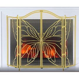 BEAMNOVA Gold Fireplace Screen, 50 x 36 in, Butterfly, 3 Panel Decorative Flat Cover, Rustic Vintage Arched Mesh Freestanding Iron Stand, Modern Outdoor Protector