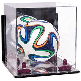Better Display Cases Acrylic Mini - Miniature (not Full Size) Soccer Ball Display Case with Clear & Mirror Case, Purple Risers , Wall Mount and Mirror Base (B03/A015)