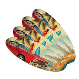 Red Classic Muscle Car Beach with Surf Boards Double-Sided Oval Nail File Emery Board Set 4 Pack