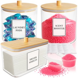 Just Peachy Home Laundry Pods Containers for Organizing Dryer Sheet Holder & Laundry Jars with Lids, Labels & Scoops - Acrylic Laundry Storage Containers for Powder, Pods, Detergent, Scent Booster
