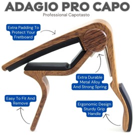 ADAGIO PRO Acoustic and Electric Guitar Capo With 5x Free Picks. The perfect quick release accessory capotasto clamp! Also suitable for ukulele and banjo strings (Rosewood)