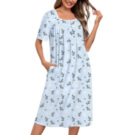 SWOMOG Womens Nightgowns Short-Sleeve Lace Nightdress Long Sleepshirt Soft House Dress Ladies Gowns With Pockets S-3XL Bule-White Floral XX-Large
