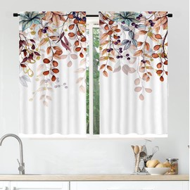 Mightree Short Tier Curtains for Kitchen and Bathroom, Retro Multi-Colored Leaves Cafe Curtains, Polyester Soft Airy Sink Window Curtains, 39" x 27.5", 2 Panels