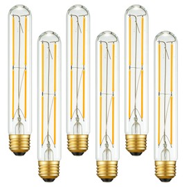Arberlic 7.3 Inch T10 LED bulb,6W tubular light bulb Equivalent E26 led bulb 60 watt dimmable,warm white 2700K,600lm,CRI85+,AC120V,clear glass long E26 edison bulb,flicker-free,Pack of 6