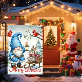 BlissYard Christmas Garden Flag Winter Merry Gnome Rabbit Holiday Garden Flag 12x18 Inch Double Sided Outdoor Decoration for Festive Season Yard Porch Lawn Display Cute Nordic Elf Bunny Gifts