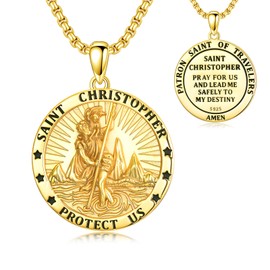 Seiyang Gold St Christopher Medal for Men 925 Sterling Silver Round St Christopher Pendant Mens Double Sided Saint Christopher Medallion Necklace Protection Jewelry Religious Gifts for Men Women
