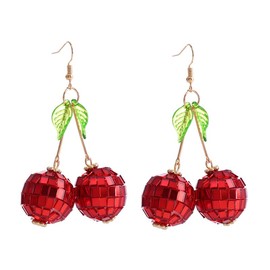 Cute Sweet Fruit Glitter Beads 3D Red Cherry Drop Earrings Disco Mirror Ball Earrings for Women Dancing Party Jewelry-mirror hook