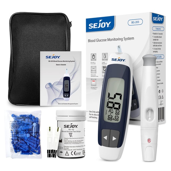 Sejoy Blood Sugar Monitor, Blood Glucose Monitors nhs Approved UK, Blood Sugar Test Kit, Glucose Meter Device, Glucometer with 50 Test Strips and 50 Lancets & Case, for Home Use Diabetics in mmol/L