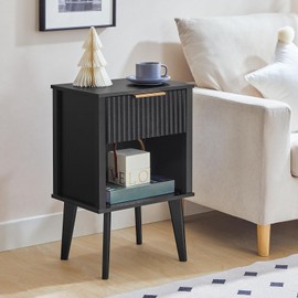 MAHANCRIS End Table, Fluted Night Stand, Modern Side Table, Bedside Table with 1 Drawer and 1 Open Compartment, Mid Century Nightstand, for Living Room, Bedroom, Study, Office, Black ETBK6201