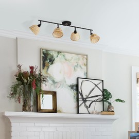 Csetuay Farmhouse Track Lighting Kit Ceiling Light Fixtures Black Spotlight Fixture Vanity Lighting Rattan Lamp Shade Bathroom Lights Over Mirror for Hallway Porch Foyer Living Room 4-Light