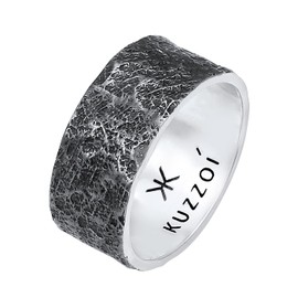 Kuzzoi 0609652220 Men's Ring (10 mm) Solid Hand Forged, Band Ring for Men Made of 925 Sterling Silver, Cool Silver Ring in Used Look, Ring with Rustic Structure Oxidised, Ring Size 60 - 66, Sterling