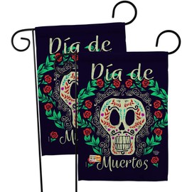 Ornament Collection Dia de Muertos Skeleton Garden Flag 2pcs Pack Fall Day of Dead Los Fiesta Mexican Party Autumntime House Decoration Banner Small Yard Gift Double-Sided, Thick Fabric, Made in USA