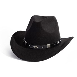 Gossifan Women Men Western Cowboy Cowgirl Hat Fedora Hat with Belt, A-black Belt Black, Medium