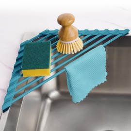 Tomorotec Compact Silicone-Coated Triangle Dish Drying Rack for Sink Corner - Foldable Stainless Steel Over-The-Sink Organizer and Storage Shelf (Dark Green)