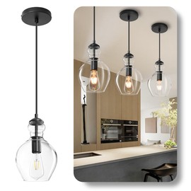 Vaziden Modern Glass Pendant Lighting for Kitchen Island Kitchen Sink, Farmhouse Black Pendant Light Fixtures 7 Inch 1 Pack, Adjustable Hanging Ceiling Light Clear Glass Shades