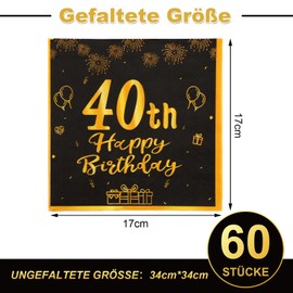 ZYNERY Pack of 60 40th Birthday Decorative Napkins, Black Gold Happy Birthday Napkins, 33 cm x 33 cm, 40th Birthday Men Women Birthday Party Decoration, Napkins 40th Birthday (40th Birthday)