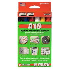 U-Mark Industrial Paint Marker, A10 6-pack Black/Blue/Red/White/Yellow/Orange 10150, Assortment pack, Permanent and marks on metals, plastic, wood, tile, porcelain