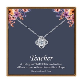 Ieftop Teacher Gifts Necklaces for Women, 14K White Gold Plated CZ Love Knot Pendant Necklace Gifts for Teacher Appreciation Gifts End of The Year Teachers Day Gifts Jewelry for Teachers Teacher Gifts