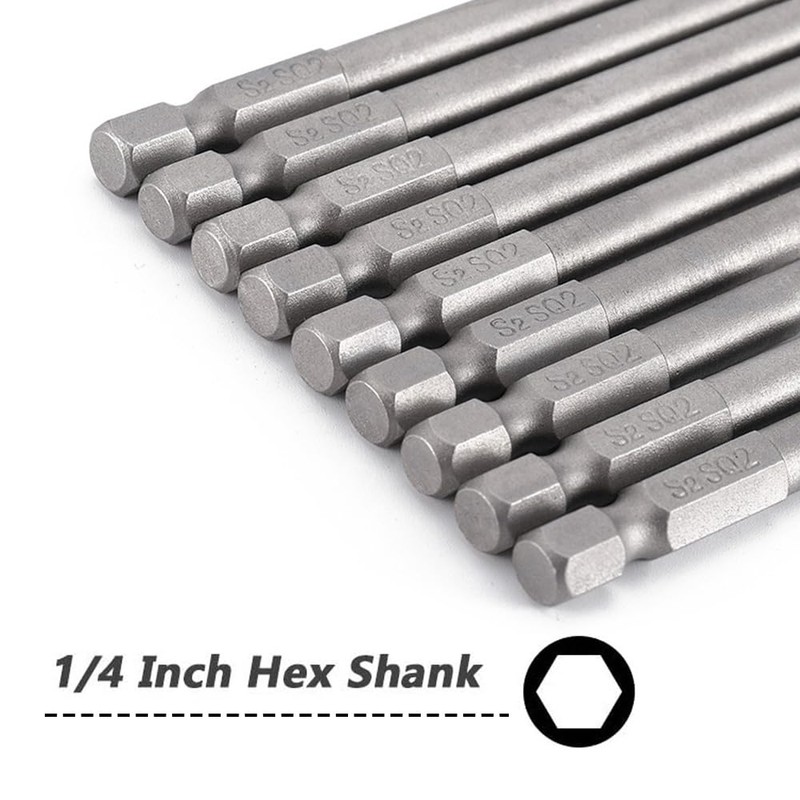 Saipor 10pcs SQ2 100mm Magnetic Square Drill Bit Set Hex