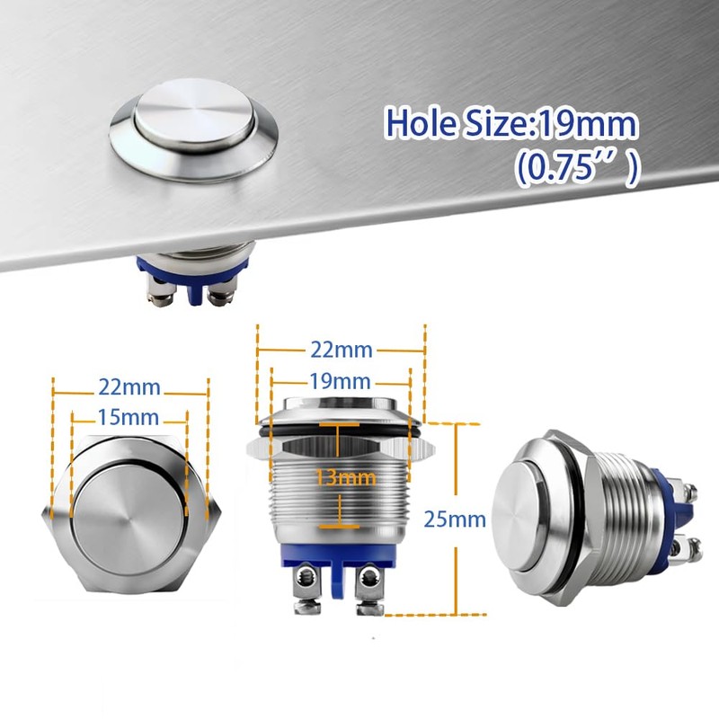 Langir 19mm Momentary Push Button Switch IP67 Waterproof Stainless Steel
