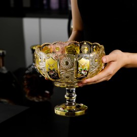 G 47.3 oz Gold Decorative Crystal Fruit Bowl Centerpiece with Gold Accents, Stemmed Design