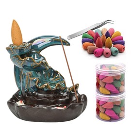 Backflow Incense Holder Backflow Incense Burner, Guador Handmade Waterfall Incense Sticks Holder with 80 Pieces Multi Flavoured Backflow Incense Cones and Stainless Steel Tweezers (Moon)