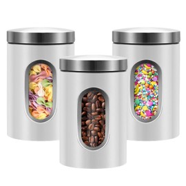 QYQRQF Canisters Sets for the Kitchen, 3pcs Sugar Flour Tea Coffee Storage Jars Stainless Steel Food Container Organizer for Kitchen Counter with Transparent Window (white)
