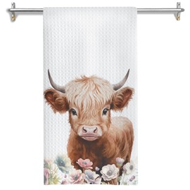 GOOZHO Floral Highland Cow Kitchen Towels, Cow Lovers Gifts for Women Dish Tea Towels for Kitchen Decor, Farmhouse Flower Highland Cattle Decorative Hand Towel, 16x24 Inches