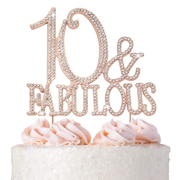 10 decoraciones para tartas, metal dorado rosa, 10 y fabuloso, decoración de diamantes de imitación brillantes para fiesta de décimo cumpleaños que hace una gran pieza central – ahora protegida en una