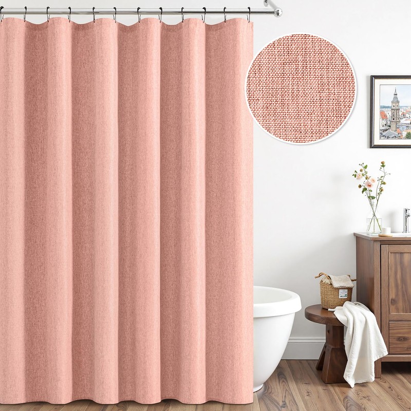 ANRODUO Blush Pink Extra Long Linen Shower Curtain, 84 Inch