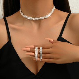 Fiosunia Wedding Jewelry Set for Women Silver Rhinestone Crystal Choker Necklace Drop Earrings Bracelet for Brides Bridesmaid Wedding Party Prom Costume Accessories