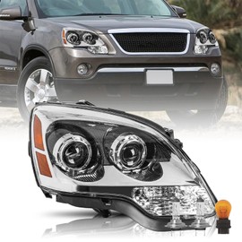 Bingbingmotor BRYGHT Fits for 2007 2008 2009 2010 2011 2012 GMC Acadia Halogen Headlight Assembly Dual Projector 07-12 OE Style Repacement Right Passenger Side, Chrome Housing Bulbs Included